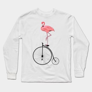 Funny Flamingo on Old Fashioned Penny Farthing Bicycle Long Sleeve T-Shirt